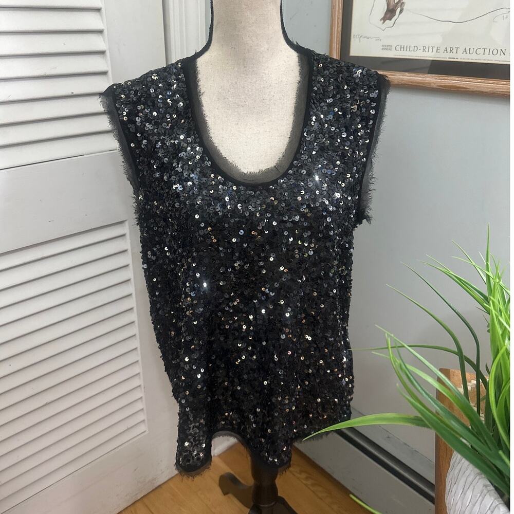 W118 Walter Baker Top Womens Large Sequin Scoop Neck Sheer Back Evening Glam